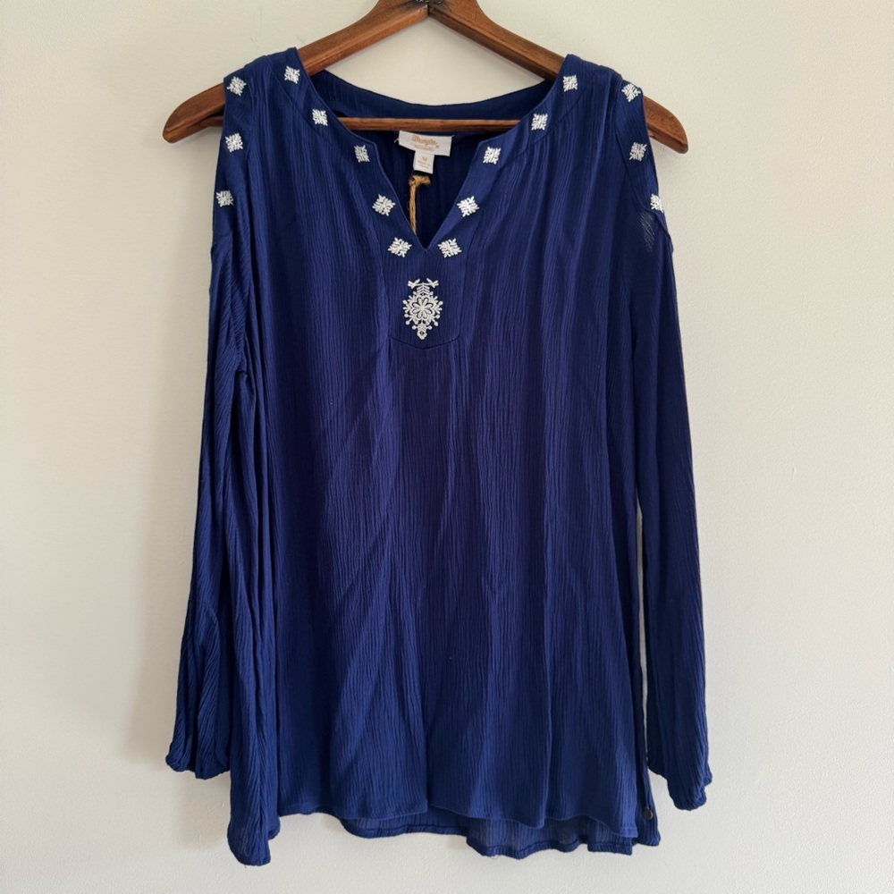 Wrangler Royal Blue & White Embroidered Cold Shoulder Top Medium